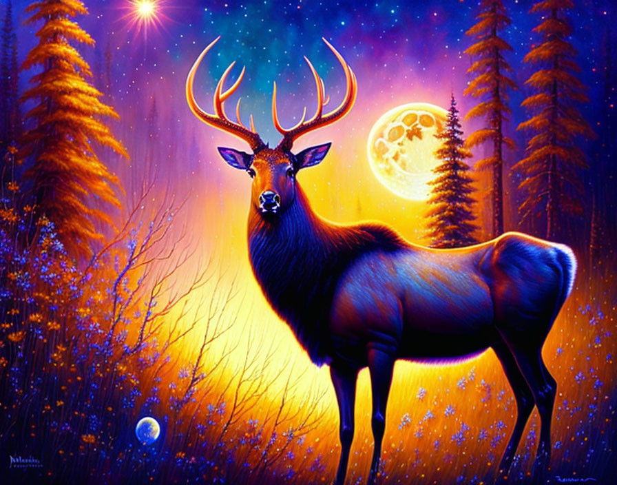 Majestic stag in enchanted forest under starry sky