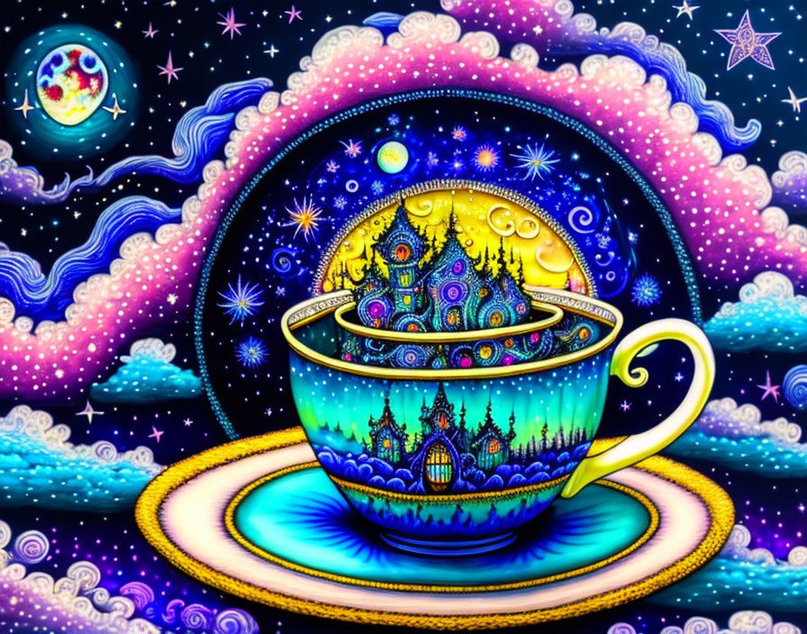 Colorful Teacup Illustration with Fantasy Landscape on Cosmic Background