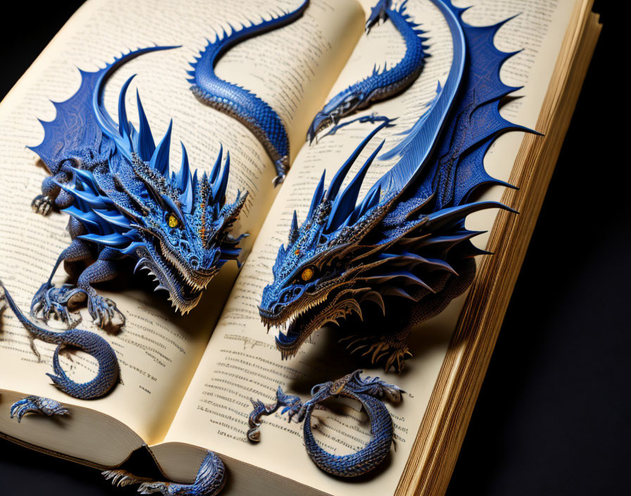 Blue 3D dragon sculpture emerging from open book