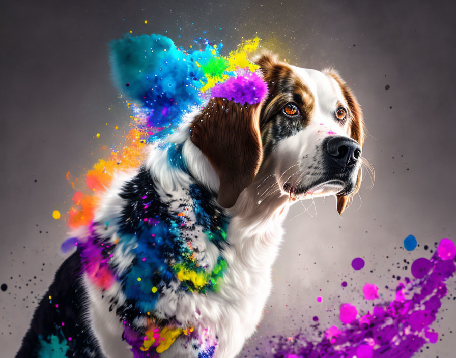 Digitally manipulated image of a dog merging with colorful paint splatters