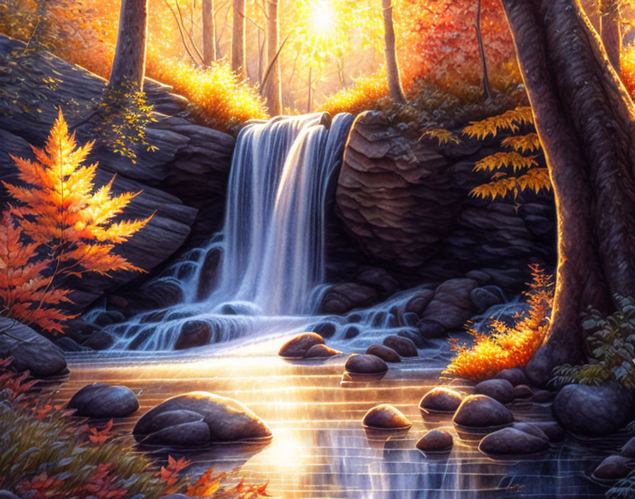 Tranquil waterfall in autumn forest with golden sunlight