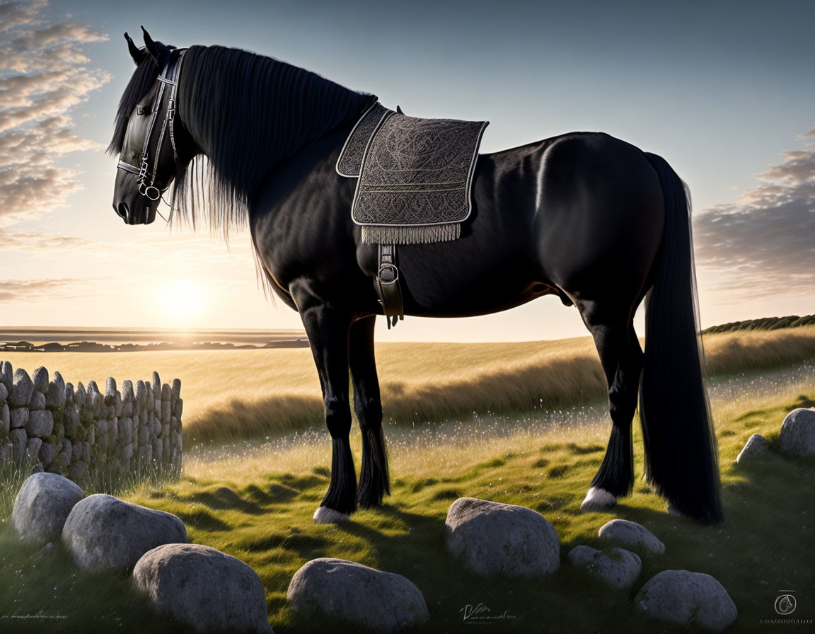 Majestic black horse with decorative saddle in serene meadow at sunset