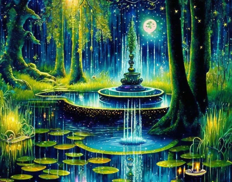 Enchanting fantasy landscape with glowing pond, fountain, fireflies, and full moon