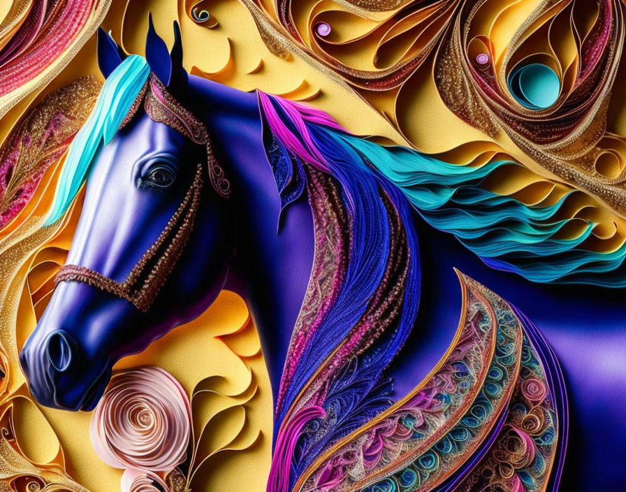 Colorful digital artwork of stylized horse with intricate mane on abstract background