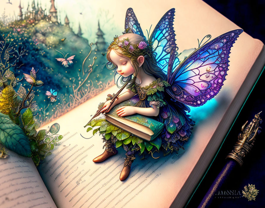 Fairy with iridescent wings on open book in magical landscape