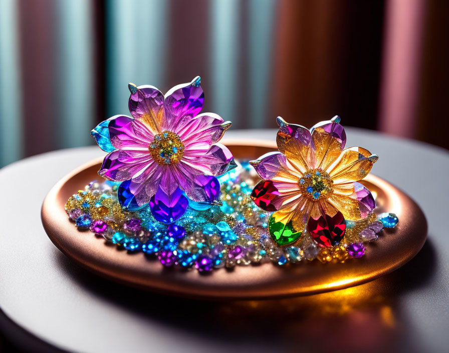 Multicolored crystal flowers on copper tray with colorful beads.