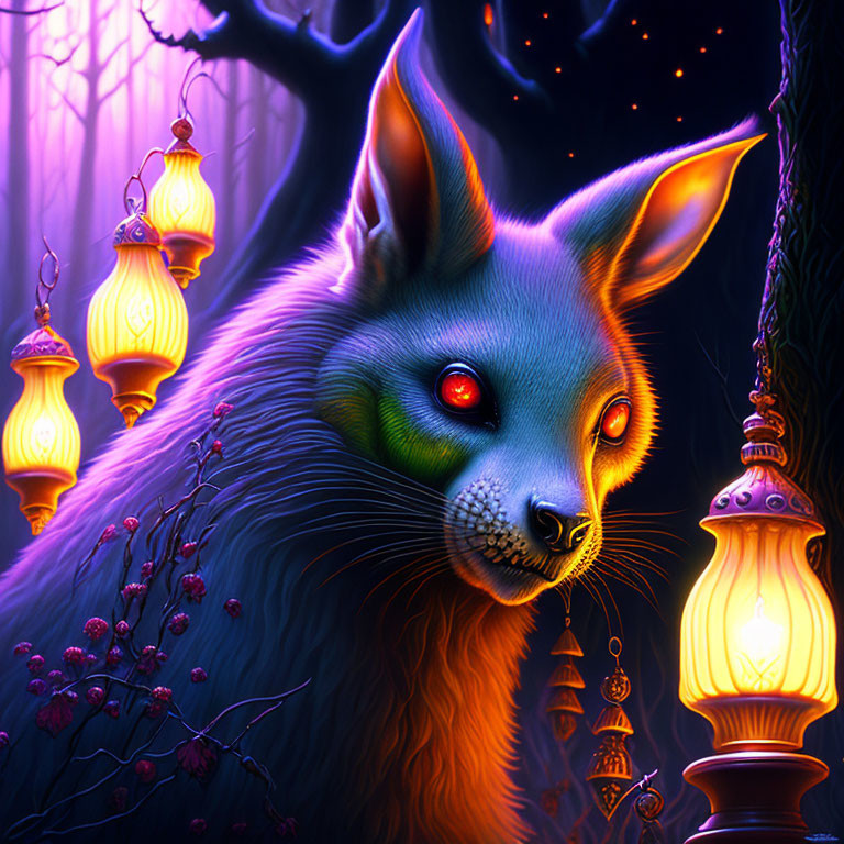 Mystical fox with glowing red eyes in enchanted forest with lanterns, purple foliage, starry