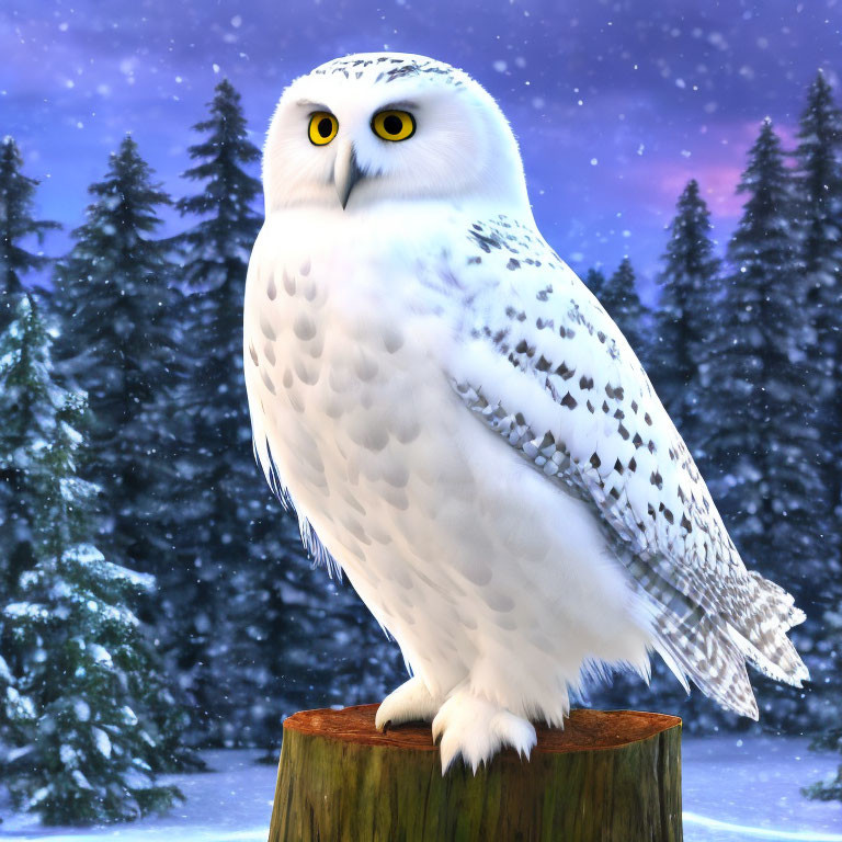 Snowy owl perched on stump in wintry forest with falling snowflakes