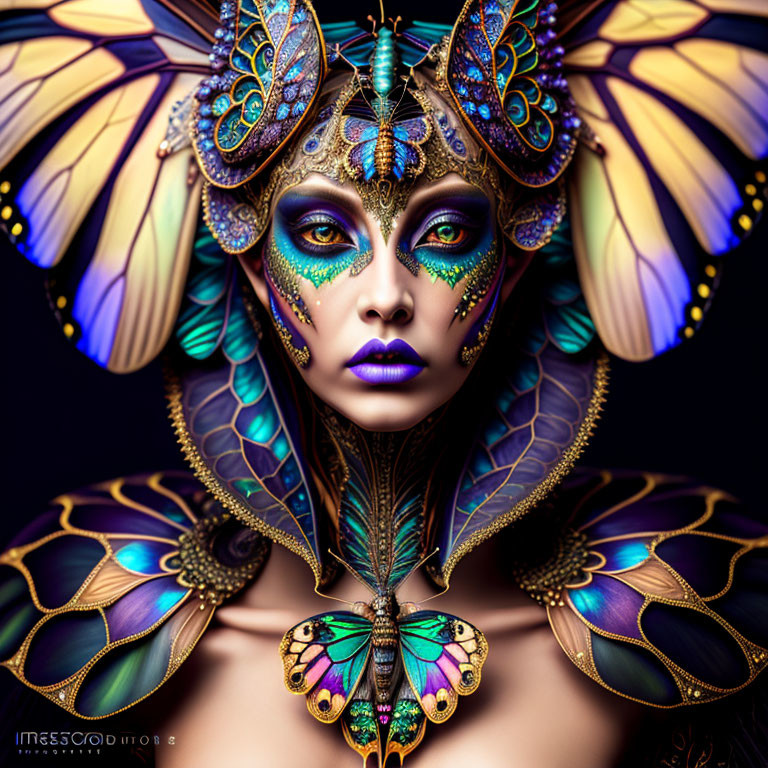 Extravagant Butterfly-Inspired Makeup with Iridescent Blue and Gold Wings