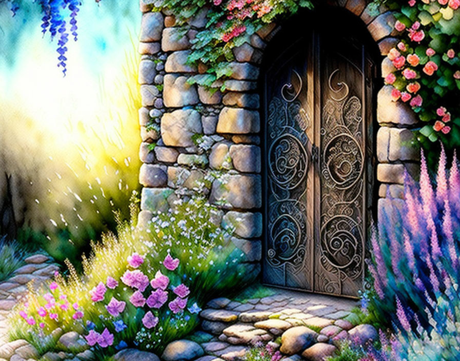 Vibrant flower garden with wooden door in stone archway