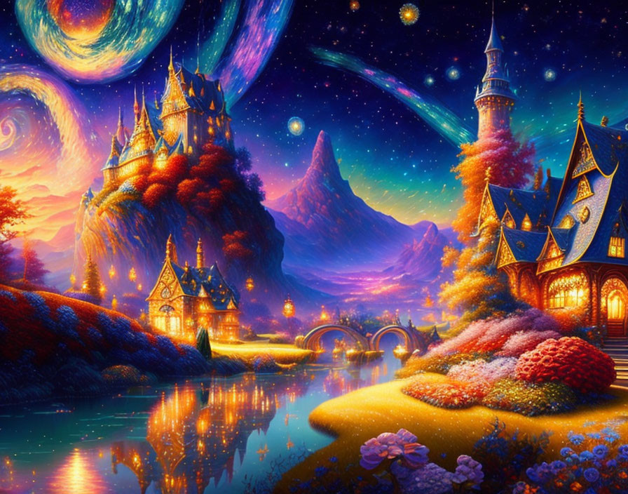 Colorful fantasy landscape with castle, flowers, river, and starry sky