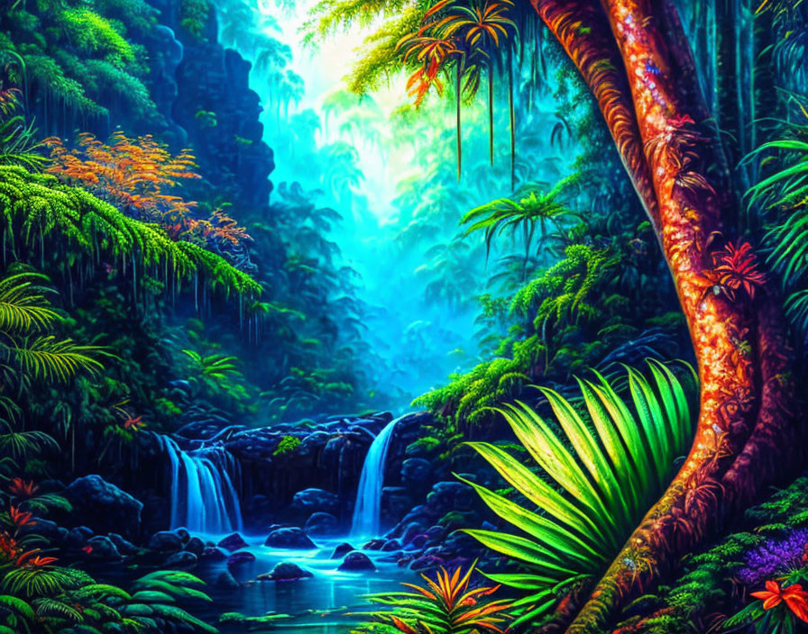 Lush Tropical Rainforest with Waterfall and Serene Pond