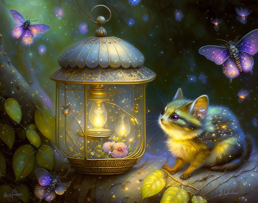 Whimsical illustration of fantastical cat-mouse creature with lantern and butterflies