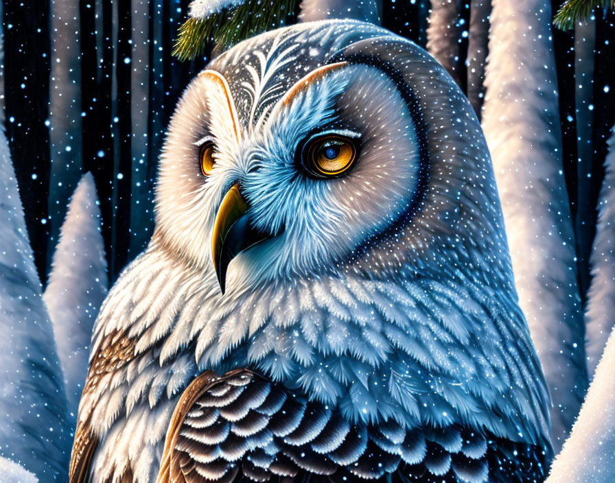 Detailed Snowy Owl Illustration Among Snow-Covered Pine Trees