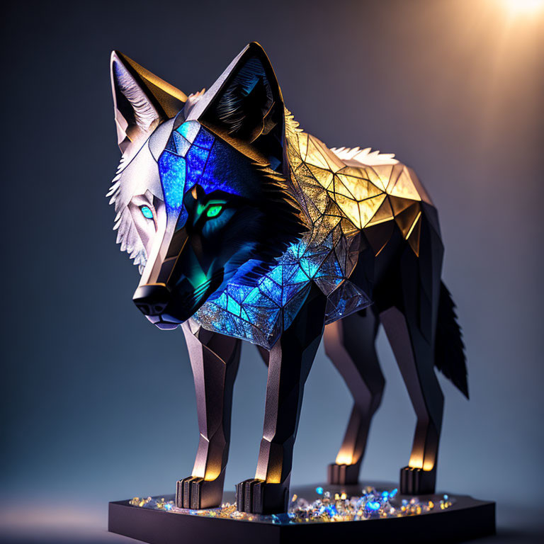 Geometric black and blue wolf sculpture artwork.