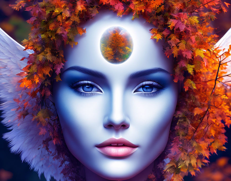 Fantasy figure with blue eyes, white wings, autumn leaves, and glowing symbol