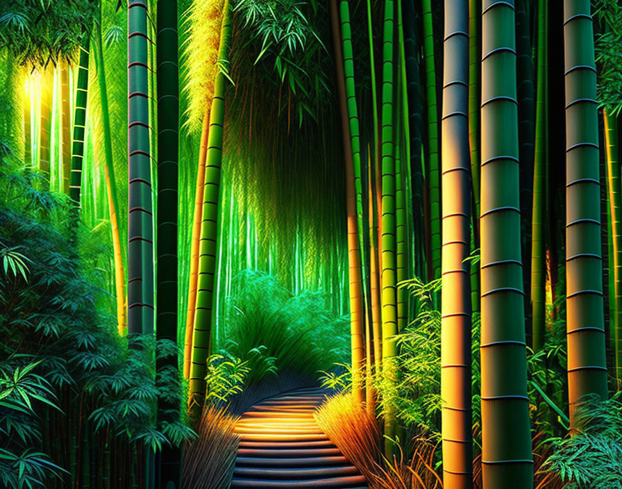 Serene bamboo forest with wooden pathway and soft light