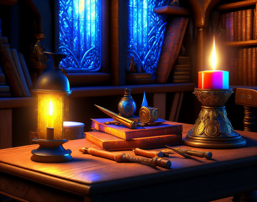 Cozy study scene with candle, lantern, quills, ink, and stained glass window