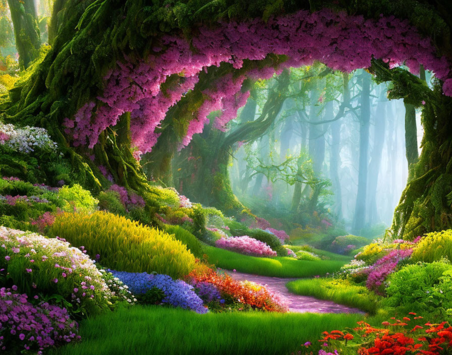 Enchanting forest with pink blossom canopy and colorful flowers.