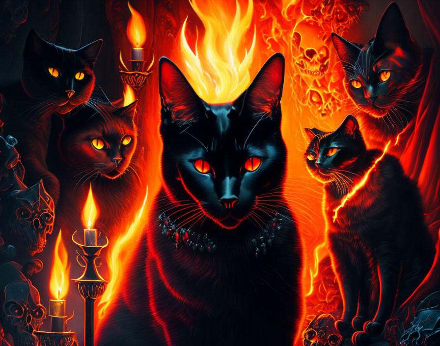 Group of Black Cats with Glowing Eyes Surrounded by Flames