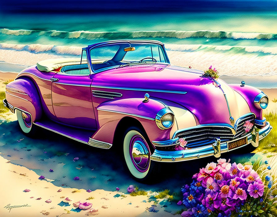 Purple Convertible Car on Beachside with Flowers and Ocean Waves