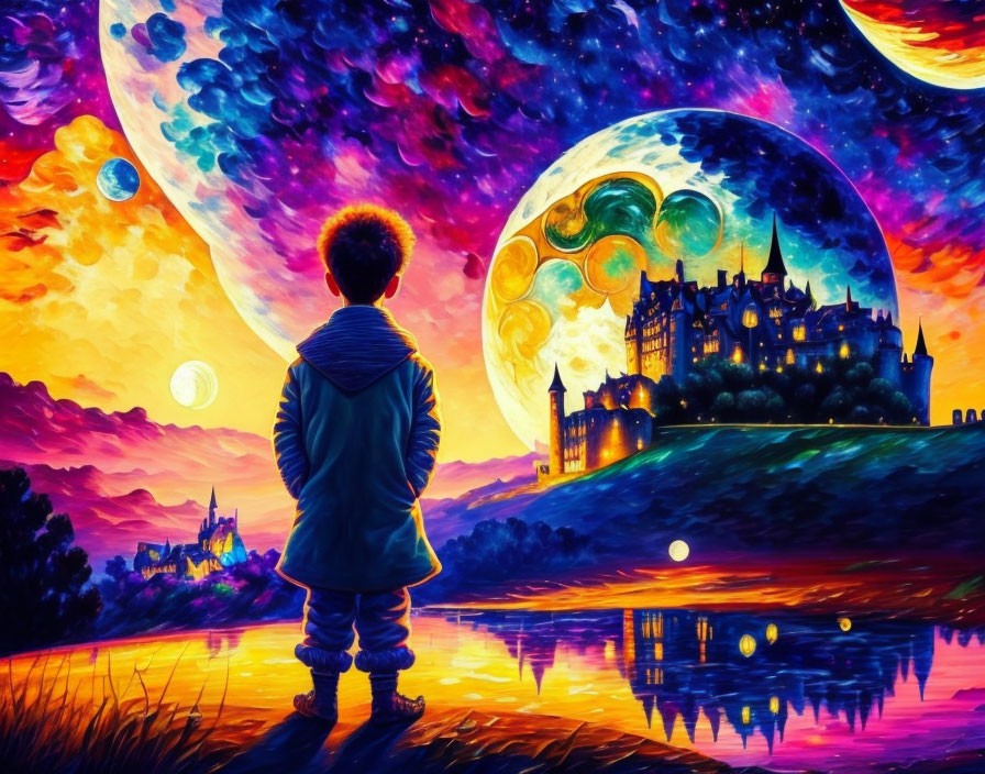 Child in vibrant fantasy landscape with colorful sky, moons, castle, and water.