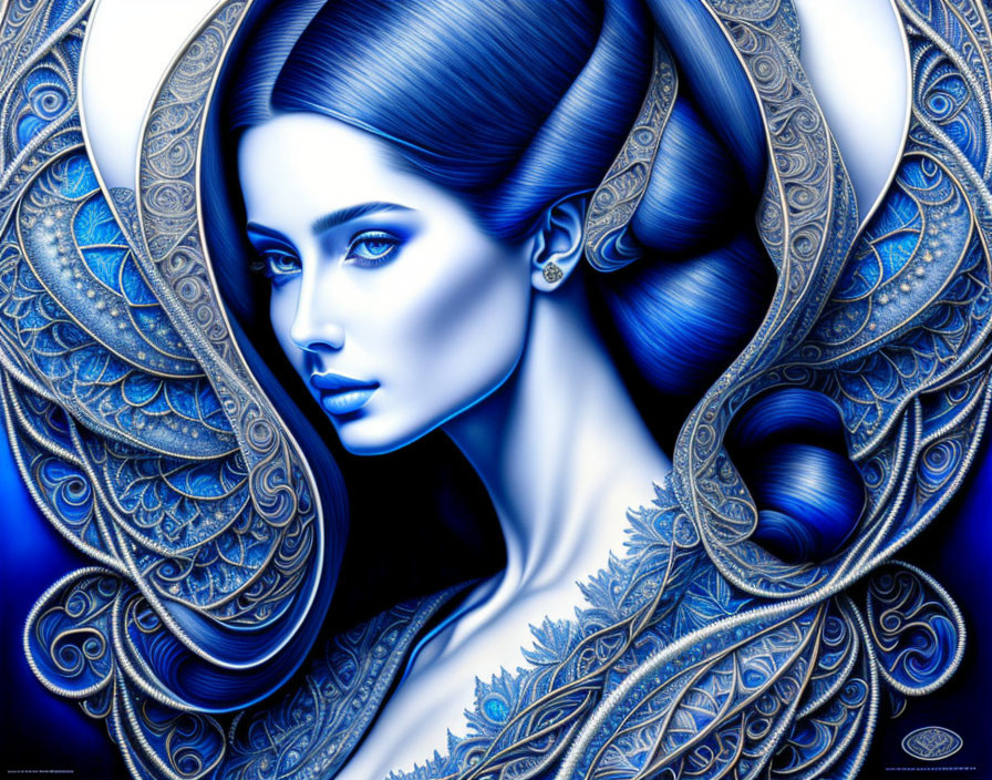 Blue-toned woman with intricate paisley and feather patterns in digital art