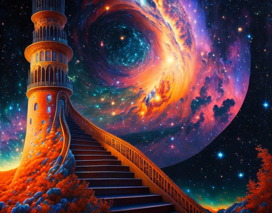 Fantastical art: Spiral staircase to tower with galaxy above autumn trees