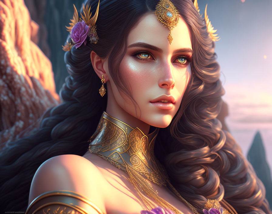 Regal woman with gold jewelry, blue eyes, and brown hair in natural setting