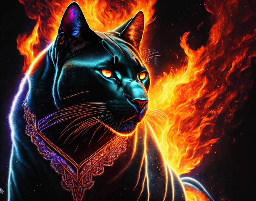 Majestic black cat with red eyes in fiery digital art