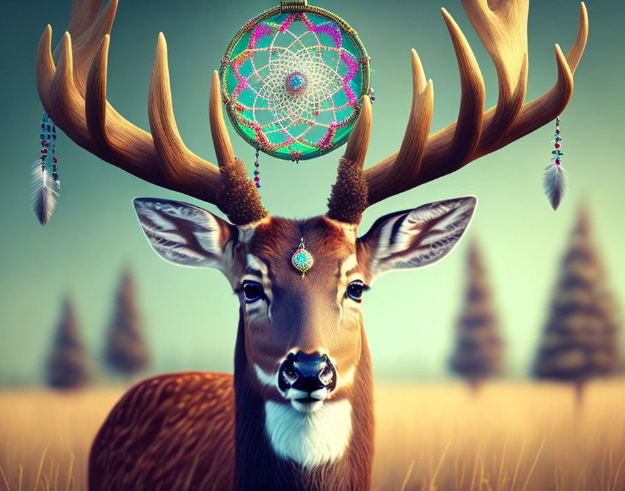 Vibrant deer digital art with dreamcatcher and jeweled forehead