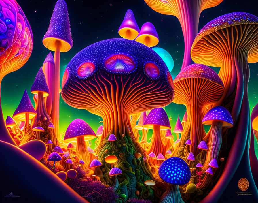 Colorful Whimsical Forest Scene with Oversized Mushrooms and Starry Sky