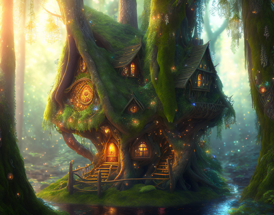 Enchanted treehouse in mystical forest with illuminated windows