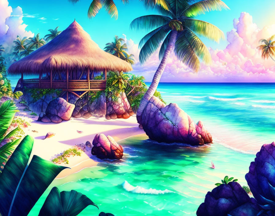 Tropical beach scene with palm trees, hut, rocks & turquoise water