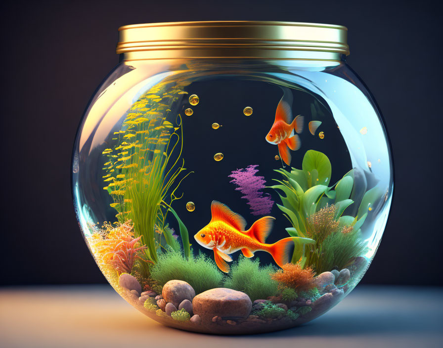 Colorful Fishbowl with Goldfish, Plants, and Coral on Dark Background