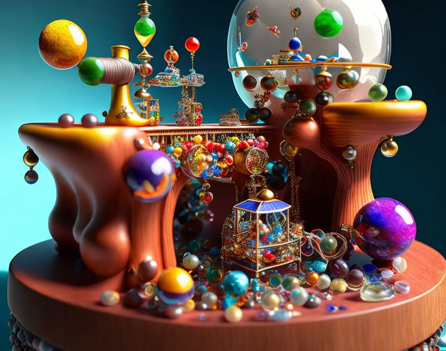 Colorful abstract image with vibrant orbs and intricate structures on melting platform against blue background