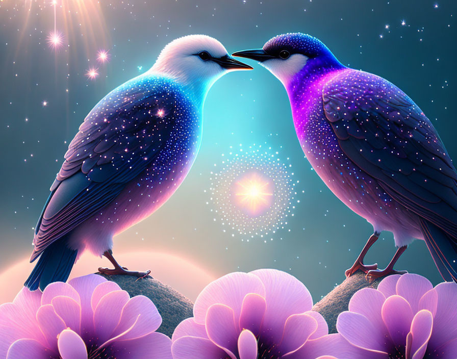 Colorful Birds on Branch with Starry Sky and Purple Flowers