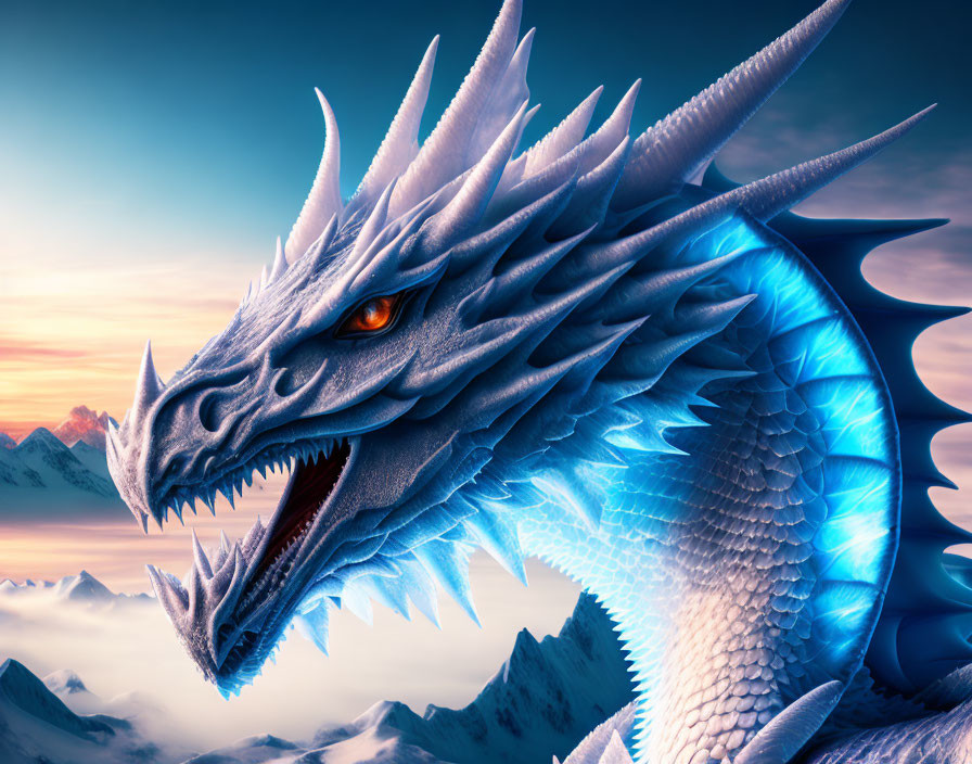 Blue dragon head with spikes and orange eyes in snowy mountain setting