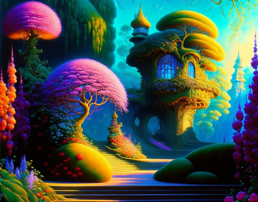 Colorful fantasy landscape with whimsical trees, glowing ambiance, and fairy-tale tower