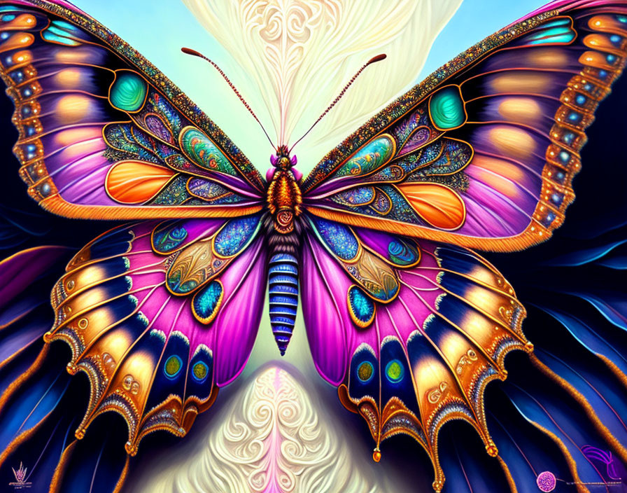 Colorful Butterfly Artwork with Purple, Blue, and Orange Wings