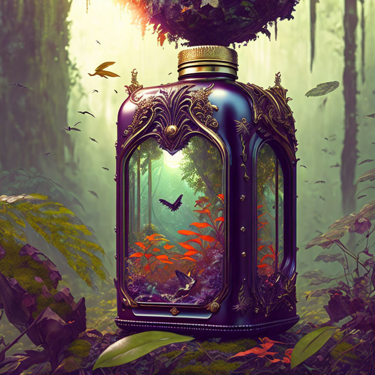 Ornate Bottle with Golden Cap & Miniature Forest Ecosystem