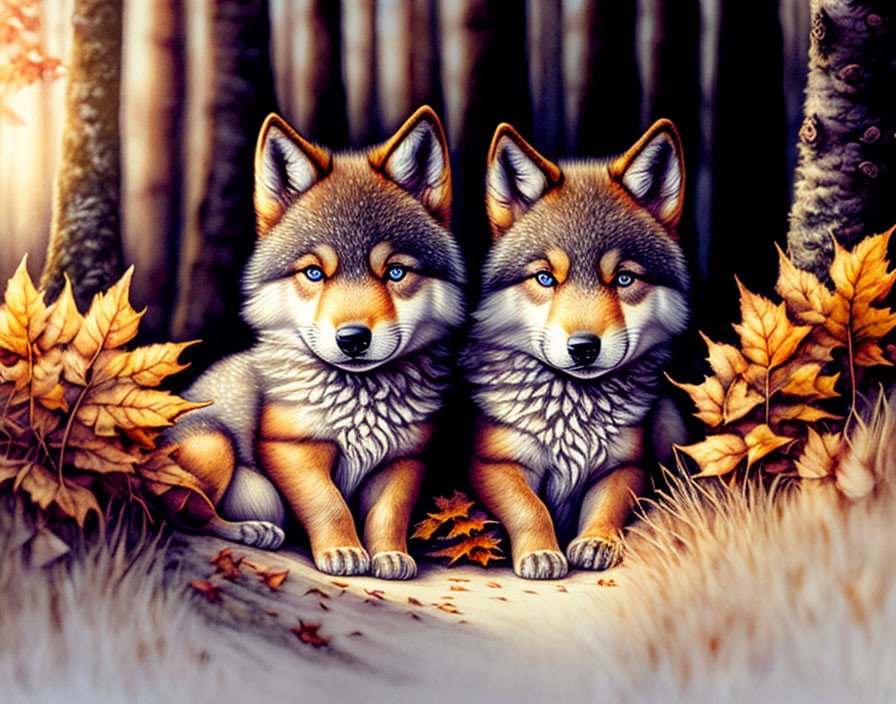 Illustrated wolves in autumn forest with rich colors