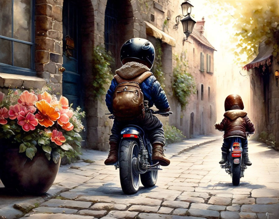 Two motorcyclists on quaint cobblestone street with old stone buildings and vibrant flowers