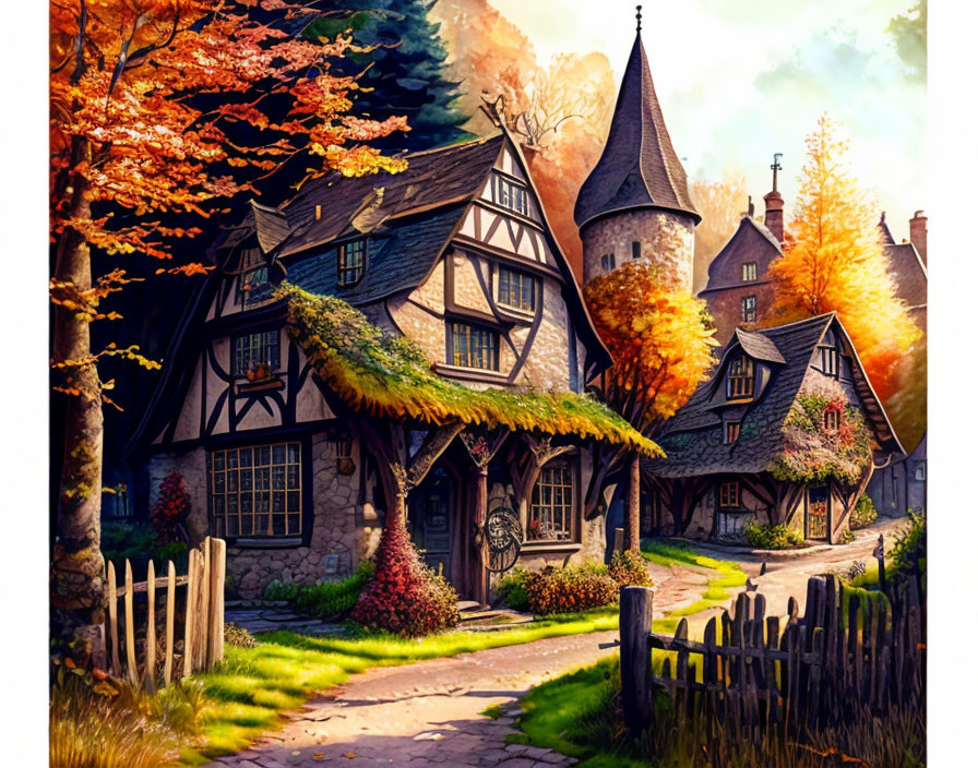 Half-timbered houses and stone tower in autumn village scene.