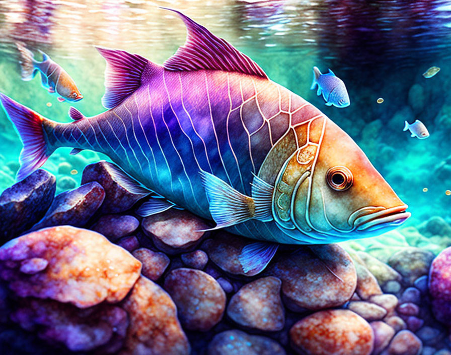 Colorful Illustrative Fish Swimming Among Coral and Pebbles