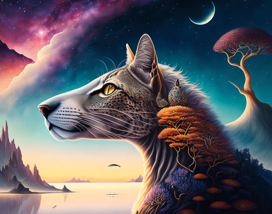 Colorful Surreal Cat Face in Fantasy Landscape with Trees, Mountains, Lake, and Starry Sky