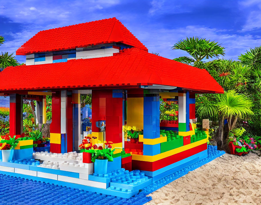 Vibrant Lego house with red roof on beach near water and tropical plants.