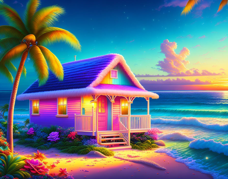 Twilight beach scene with purple cottage, palm trees, and stars