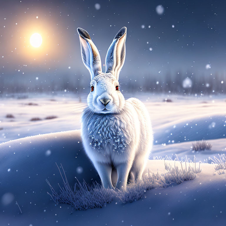 White Rabbit with Red Eyes in Snowy Moonlit Landscape