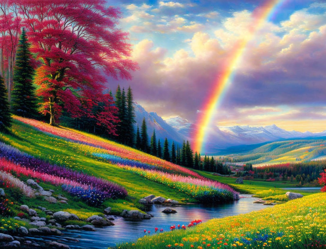 Colorful landscape with rainbow, wildflowers, river, and mountains